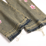 Mens Fashion Jeans Pink cherry blossom embroidery 5719#