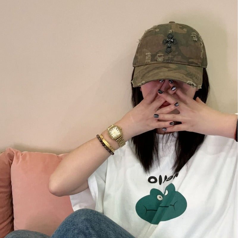 Y2k hot girl hat heavy industry camouflage distressed baseball cap with cross and wide brim