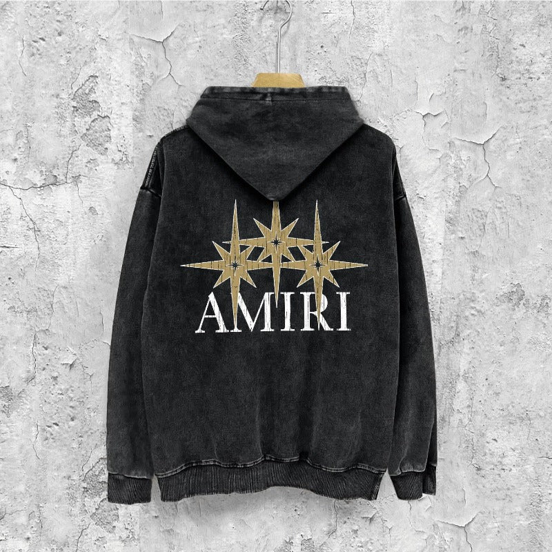 Amiri washed hoodie bone crack star distressed printing
