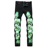 Mens Fashion Jeans Green glowing skull 5709#