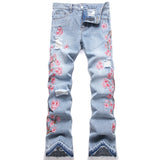 Mens Fashion Jeans Pink cherry blossom embroidered wide-leg pants 5711#
