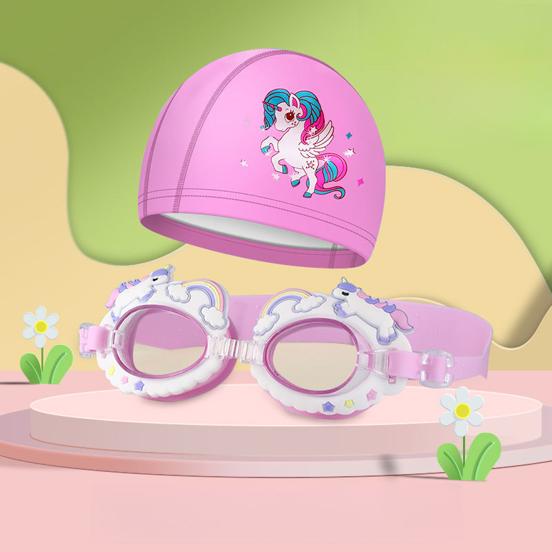 Swimming Goggles Rainbow Horse Cartoon Goggles Swimming Cap 2-piece Set