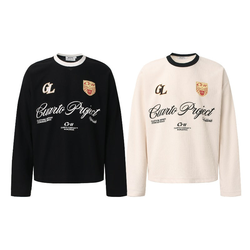 Men long sleeved shirt w retro street trendy men's and women's letter pattern design men's waffle grids