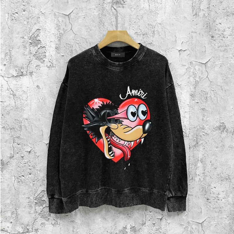 Amiri washed sweatshirt heart wolf head printing washed and distressed