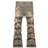 Mens Fashion Jeans Pink cherry blossom embroidery 5719#