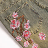 Mens Fashion Jeans Pink cherry blossom embroidery 5719#