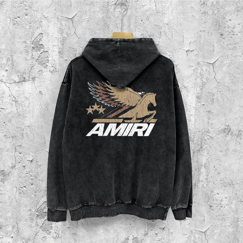 Amiri washed hoodie mottled pegasus distressed printing