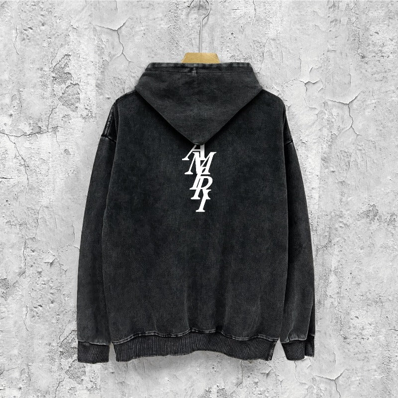 Amiri washed hoodie vertical small overlapping letter washed distressed printing