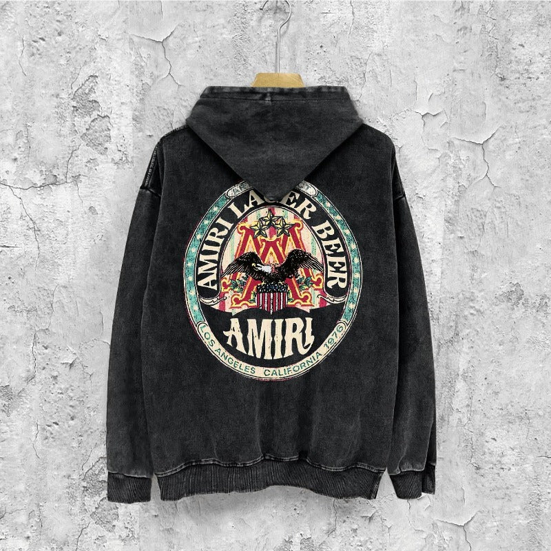 Amiri washed hoodie oil painting flying eagle distressed printing