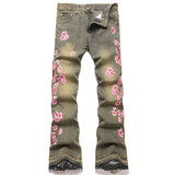Mens Fashion Jeans Pink cherry blossom embroidery 5719#