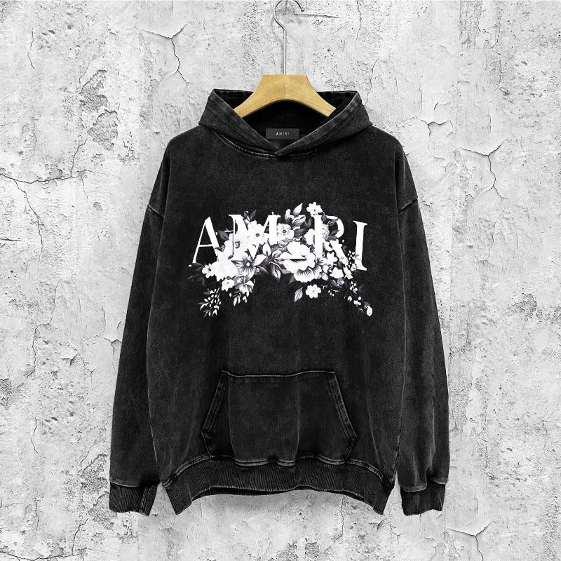 Amiri washed hoodie colorless flower distressed printing