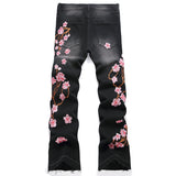 Mens Fashion Jeans Pink cherry blossom embroidered wide-leg pants 5710#