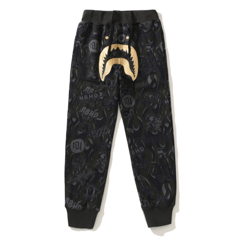 Bathing Ape Pant Joint Golden Skull Shark Head Letter Printed Drawstring Casual Pants