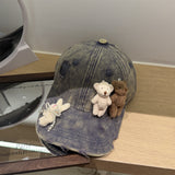 Y2k hot girl hat heavy industry two bears doll baseball cap ripped sunshade peaked cap