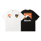 Rhude T Shirt Striped Sunset Snow Mountain Print Short Sleeve T-Shirt