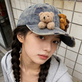 Y2k hot girl hat heavy industry stereobear doll baseball cap with holes washed sunshade duck tongue hat