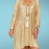 Women Party Dress Casual Solid Color Loose Sequins Shirt Dress (Ss0416)