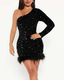 Women Party Dress Sequined Feather Evening Gown (Ss0416)