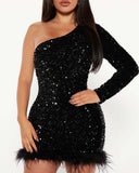 Women Party Dress Sequined Feather Evening Gown (Ss0416)