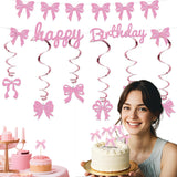 Themed Party Supplies Pink Bow Party Decoration Set – Birthday Banner, Hanging Swirls, Glitter Bow Toppers & Cake Decorations