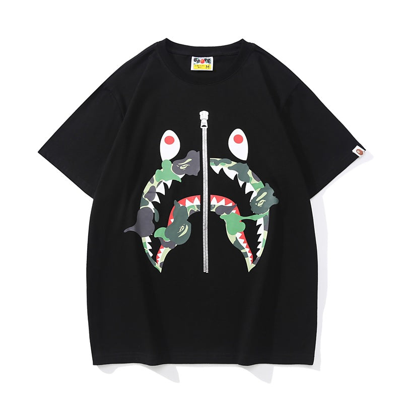 Bathing Ape T-Shirt Summer, Shark Zipper Printed Short Sleeve T-Shirt
