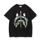 Bathing Ape T-Shirt Summer, Shark Zipper Printed Short Sleeve T-Shirt