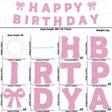 Themed Party Supplies Pink Bow Party Decoration Set – Birthday Banner, Hanging Swirls, Glitter Bow Toppers & Cake Decorations