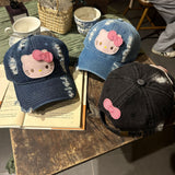 Y2k hot girl hat heavy industry washed ripped denim sun visor baseball cap cartoon kt cat peaked cap