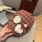 Y2k hot girl hat heavy industry cartoon cat heart plaid women's reversible beret