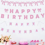 Themed Party Supplies Bow Theme Party Decoration Banner – Glittery Tinsel Bow Banner for Girls’ Birthday Party