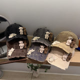 Y2k hot girl hat heavy industry two bears doll baseball cap ripped sunshade peaked cap