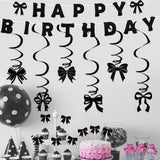 Themed Party Supplies Black Bow Theme Party Banner – DIY Spiral Hanging Decorations & Bow Cake Picks for Girls’ Birthday