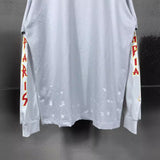 Men T-shirts Paris Lightning Printing Washed Old Splicing Long Sleeve T-Shirt