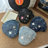Y2k hot girl hat heavy industry denim easiest for matchretro checkerboard duck tongue beret hat