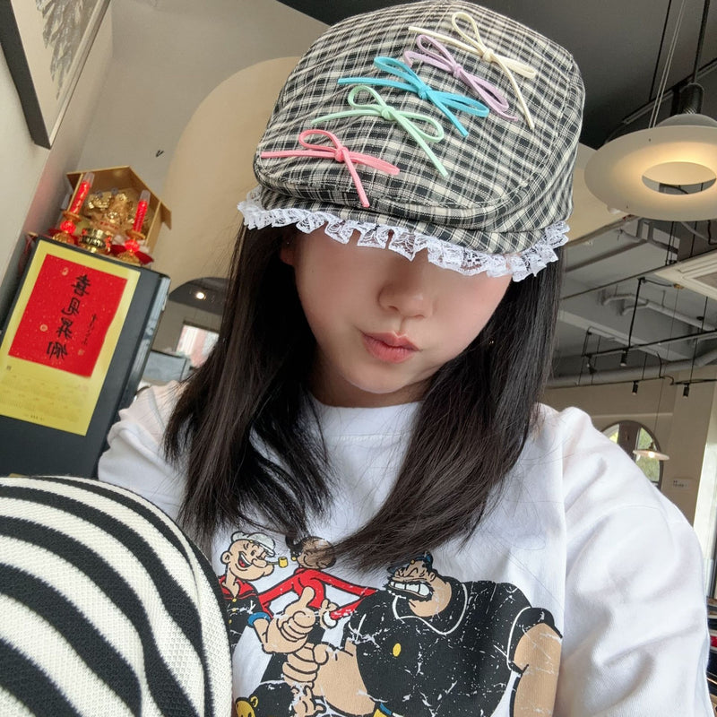 Y2k hot girl hat heavy industry grids pattern lacebows duck tongue beret
