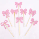 Themed Party Supplies Pink Glitter Paper Bow Cake Picks – Girl’s Birthday Party Bow Theme Cake Toppers