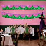 Themed Party Supplies Double-Layer Pink & Green Foil Fringe Curtain – Witch-Themed PET Banner for Birthday Party Decoration