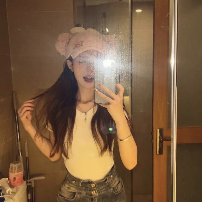 Y2k hot girl hat heavy industry cartoon pink shirley rose baseball cap bows sunshade peaked cap