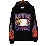 Rhude Hoodie Alphabet Eagle Flame Sleeve Hooded Sweater