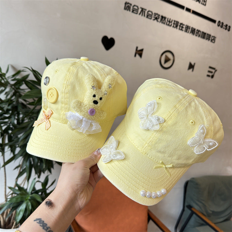 Y2k hot girl hat heavy industry pearl stereo butterfly yellow baseball cap outdoor travel sunshade peaked cap