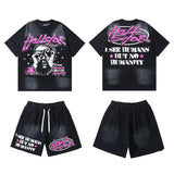 Hellstar T Shirts & Shorts Washing Print Short Sleeve T-Shirt Shorts Summer