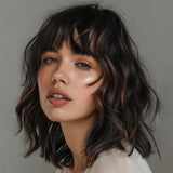 Women's Wigs Bob Cut Water Wave Bangs Highlighted Wig