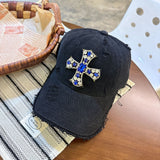 Y2k hot girl hat heavy industry rhinestone cross hole baseball cap casualeasiest for matchcouple duckbill cap men
