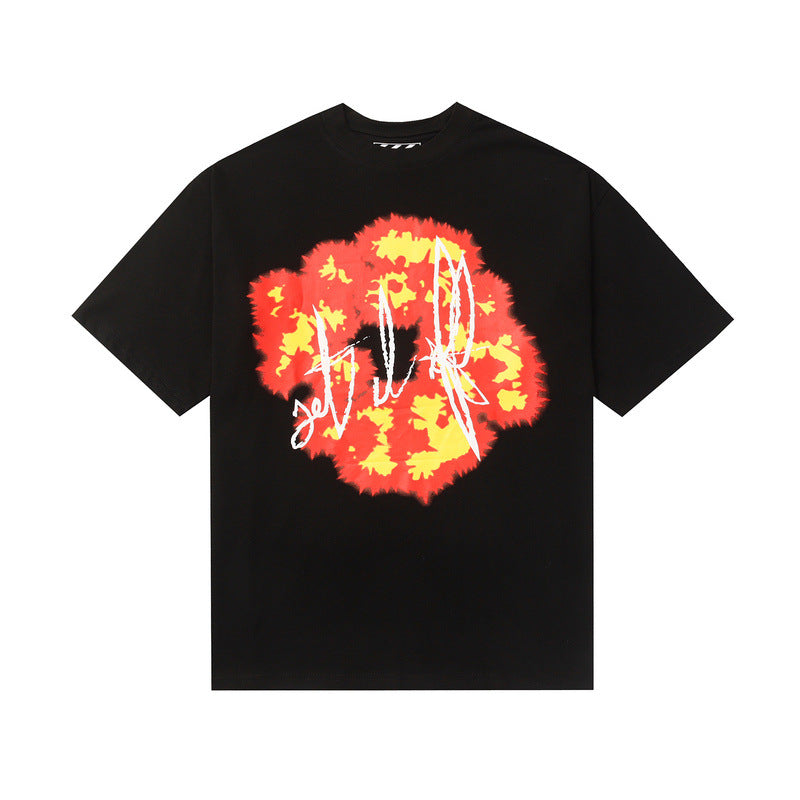 Denim Tears T Shirts Flame Wood Cotton Printed Loose Short Sleeve T-shirt