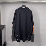Men T-shirts Paris Lightning Printing Washed Old Splicing Long Sleeve T-Shirt