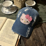 Y2k hot girl hat heavy industry washed ripped denim sun visor baseball cap cartoon kt cat peaked cap