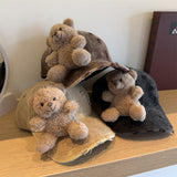 Y2k hot girl hat heavy industry stereo sitting bear doll baseball cap female brushed washed cartoon sunshade duckbill hat