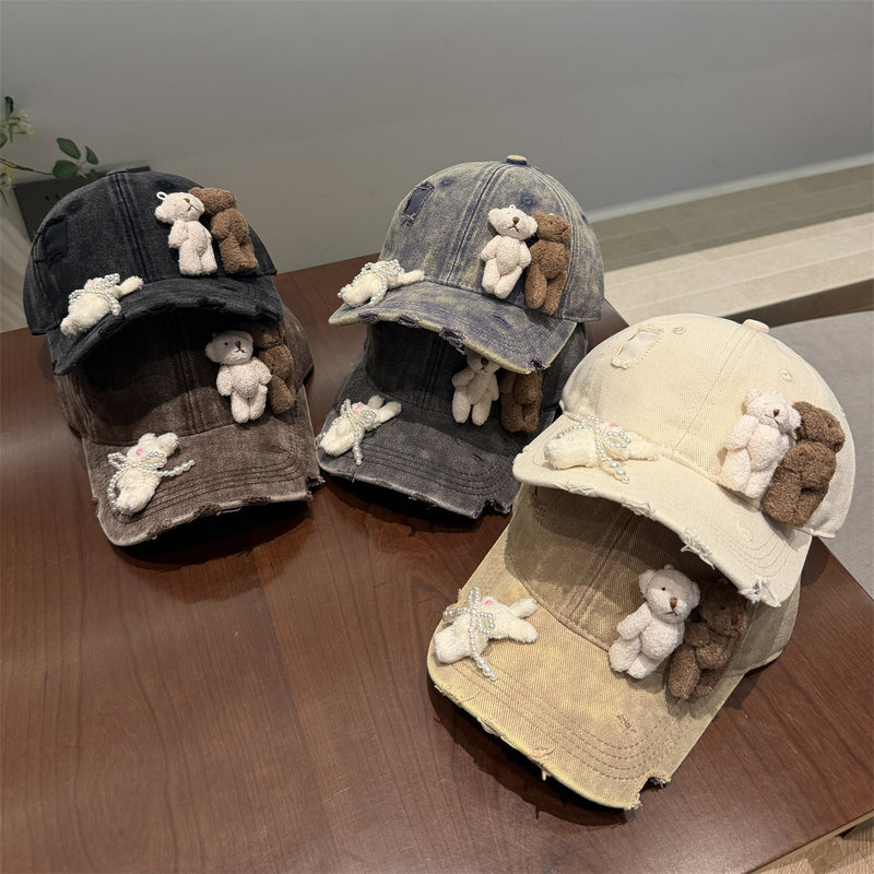Y2k hot girl hat heavy industry two bears doll baseball cap ripped sunshade peaked cap