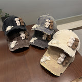 Y2k hot girl hat heavy industry two bears doll baseball cap ripped sunshade peaked cap