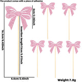 Themed Party Supplies Pink Glitter Paper Bow Cake Picks – Girl’s Birthday Party Bow Theme Cake Toppers